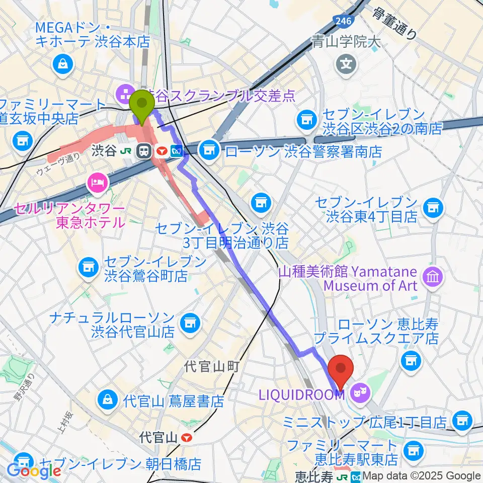 渋谷駅から恵比寿スタジオ・エコーへのルートマップ地図