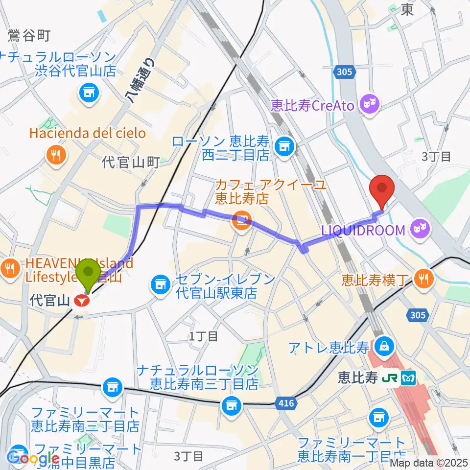 代官山駅から恵比寿スタジオ・エコーへのルートマップ地図