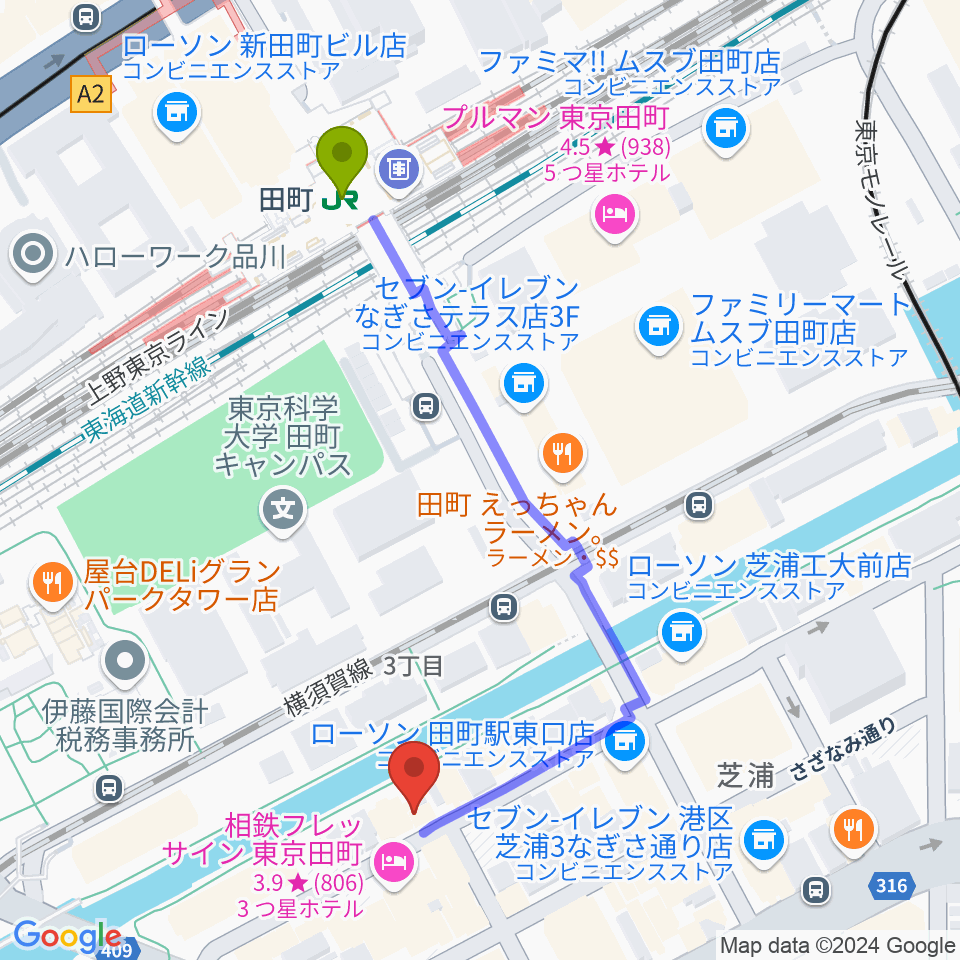 ミナトピアノ練習室の最寄駅田町駅からの徒歩ルート（約5分）地図