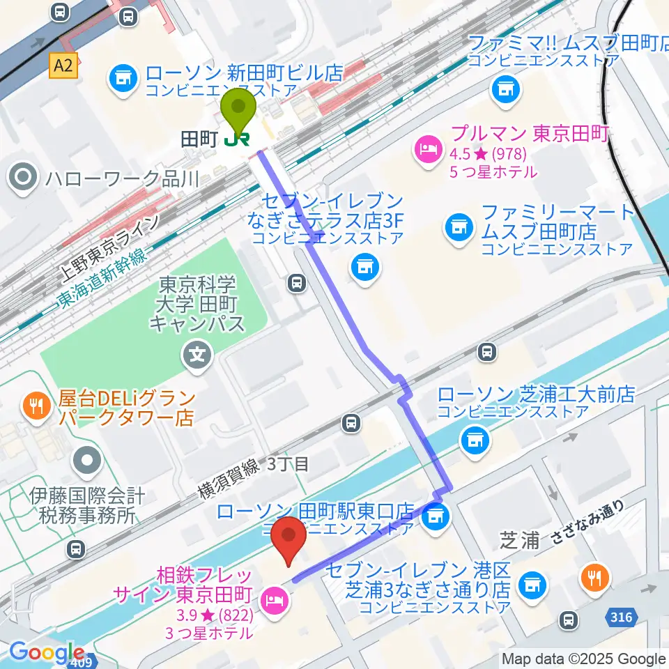 ミナトピアノ練習室の最寄駅田町駅からの徒歩ルート（約5分）地図