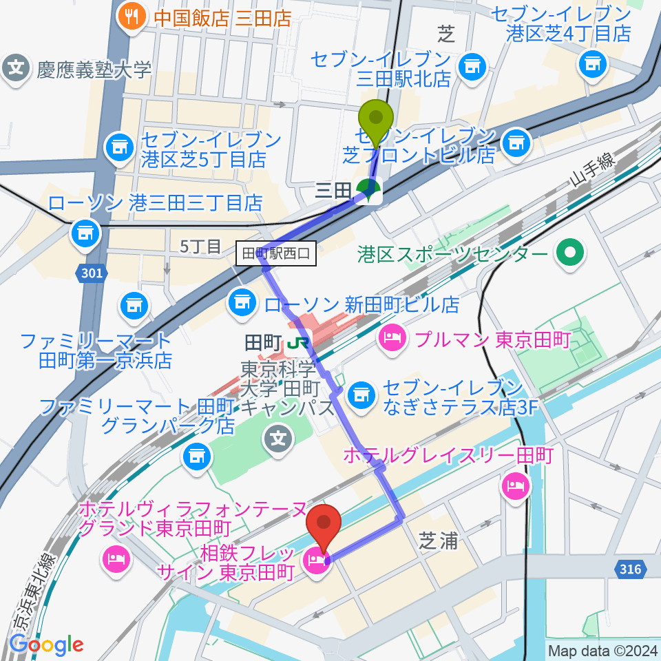 三田駅からミナトピアノ練習室へのルートマップ地図