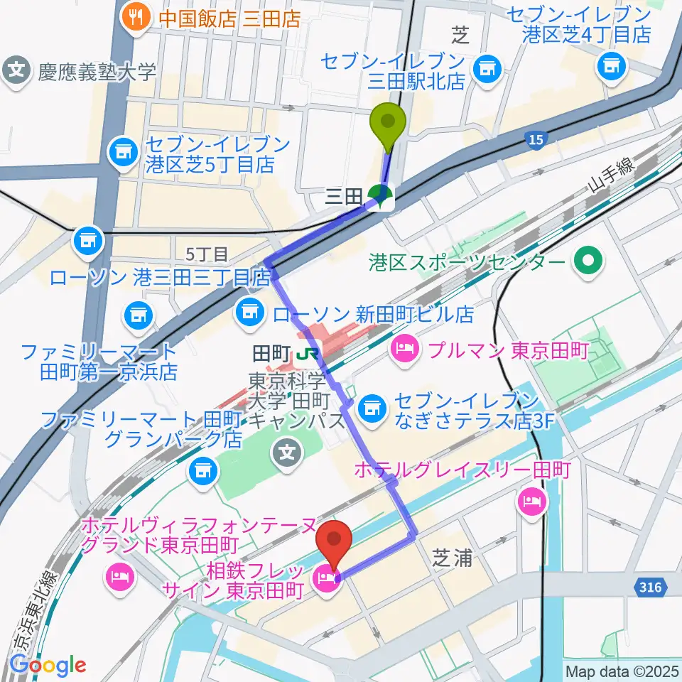 三田駅からミナトピアノ練習室へのルートマップ地図