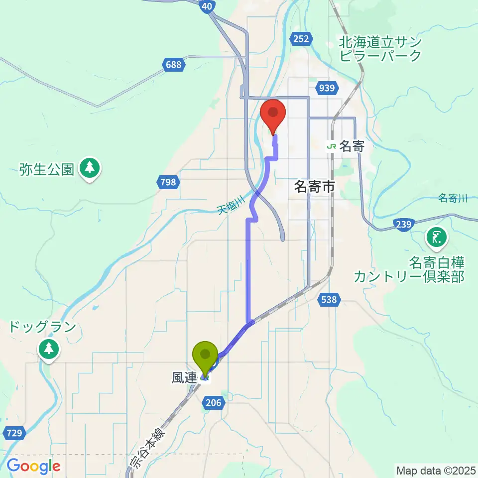 風連駅から名寄市民文化センターへのルートマップ地図