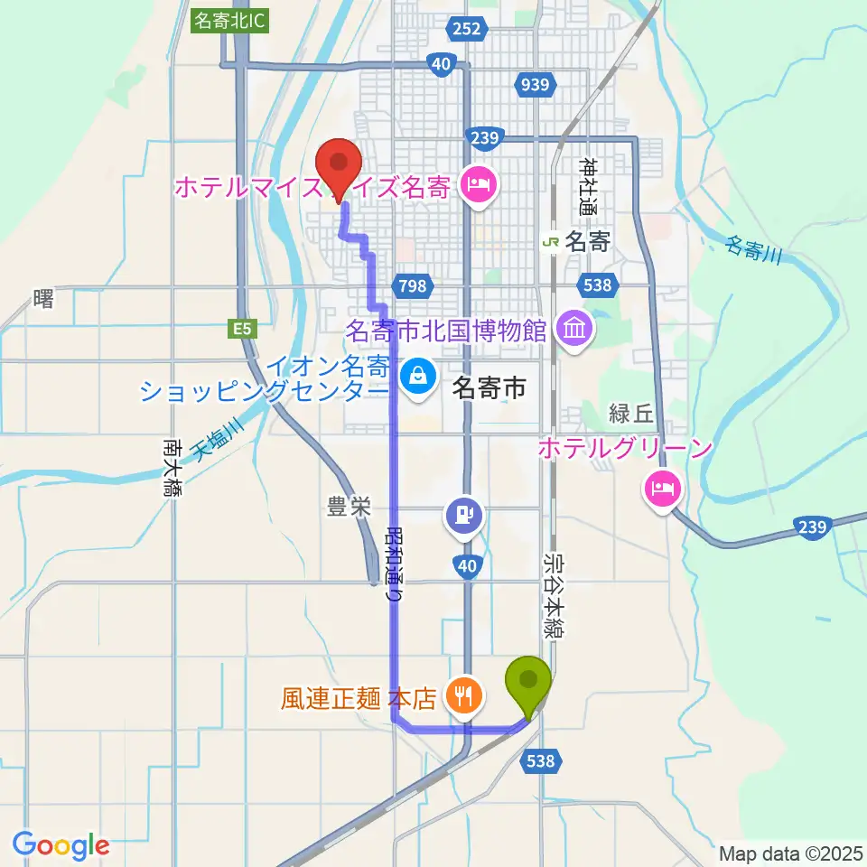 東風連駅から名寄市民文化センターへのルートマップ地図