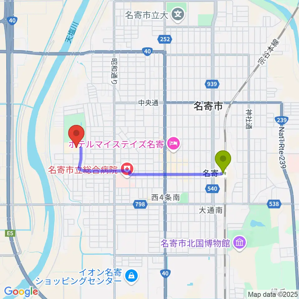 名寄市民文化センター東館の最寄駅名寄駅からの徒歩ルート（約27分）地図