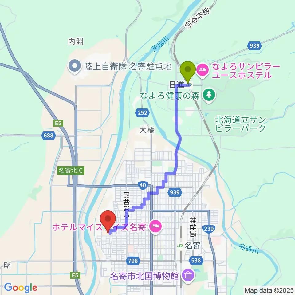 日進駅から名寄市民文化センターへのルートマップ地図