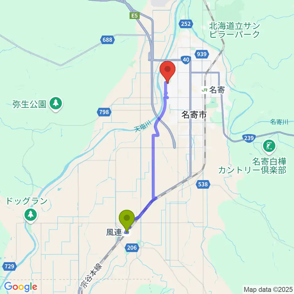 風連駅から名寄市民文化センター エンレイホールへのルートマップ地図