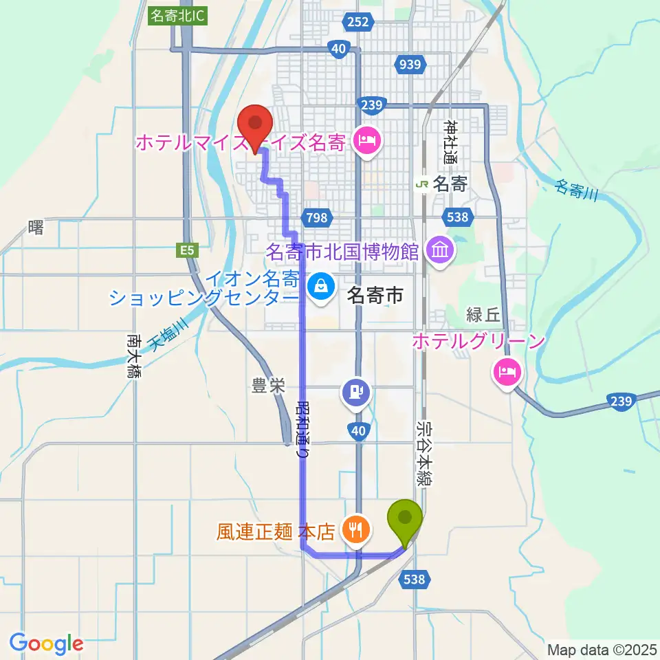 東風連駅から名寄市民文化センター エンレイホールへのルートマップ地図