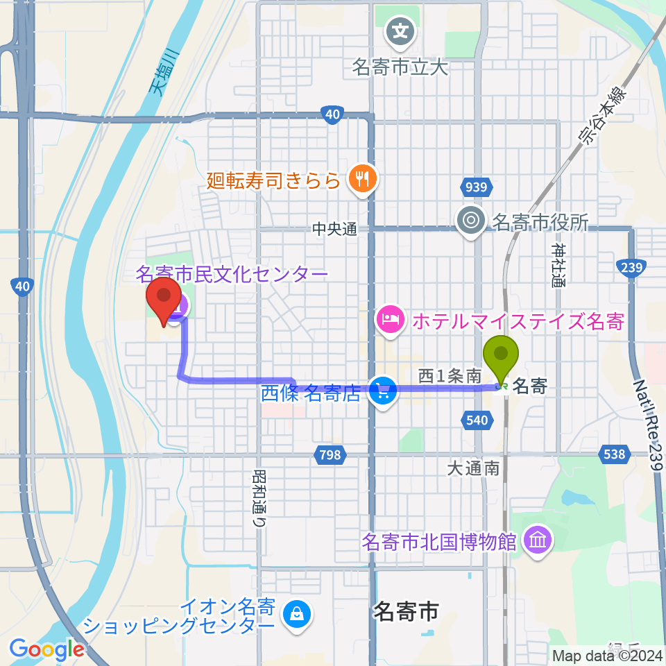 名寄市民文化センター エンレイホールの最寄駅名寄駅からの徒歩ルート（約28分）地図