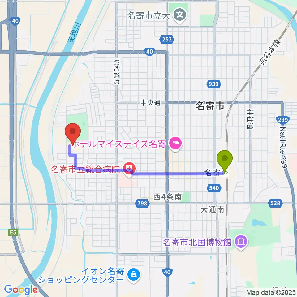 名寄市民文化センター エンレイホールの最寄駅名寄駅からの徒歩ルート（約28分）地図