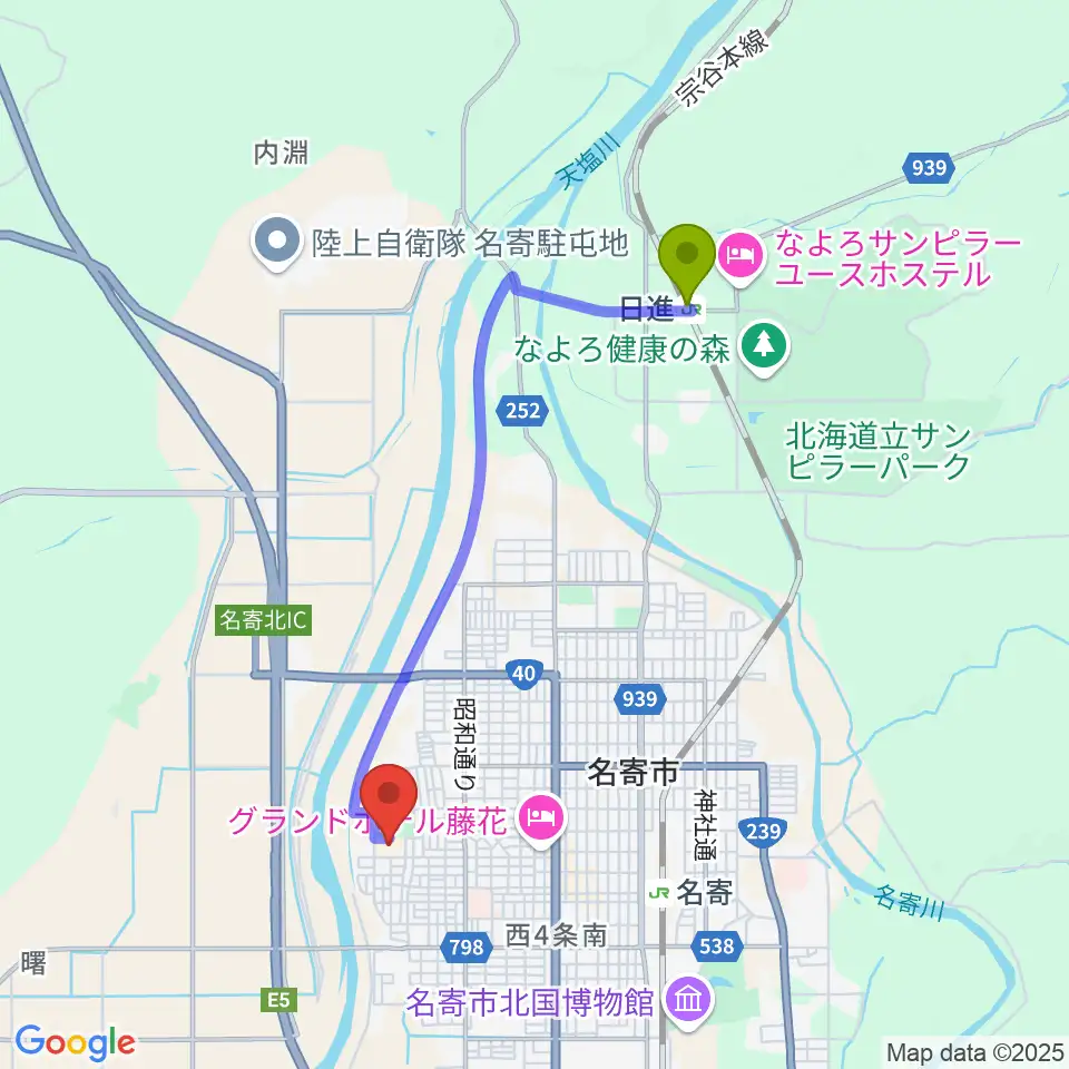 日進駅から名寄市民文化センター エンレイホールへのルートマップ地図