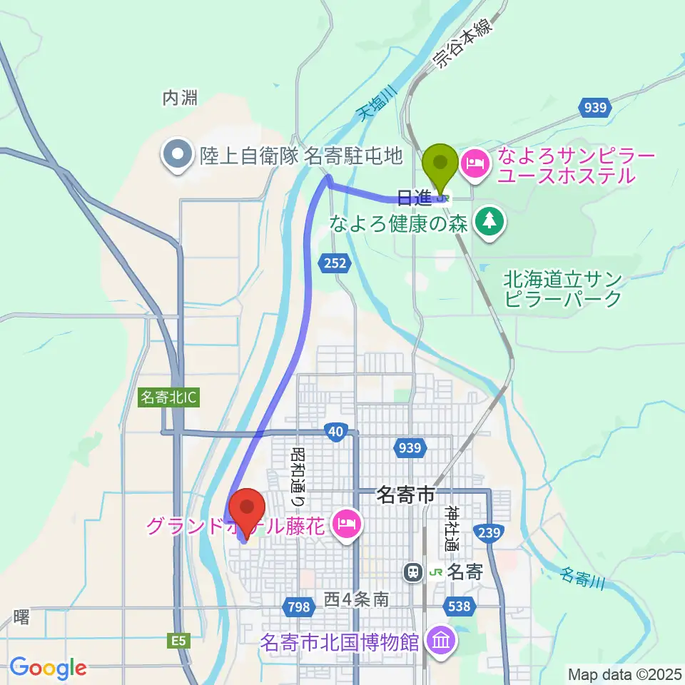 日進駅から名寄市民文化センター エンレイホールへのルートマップ地図
