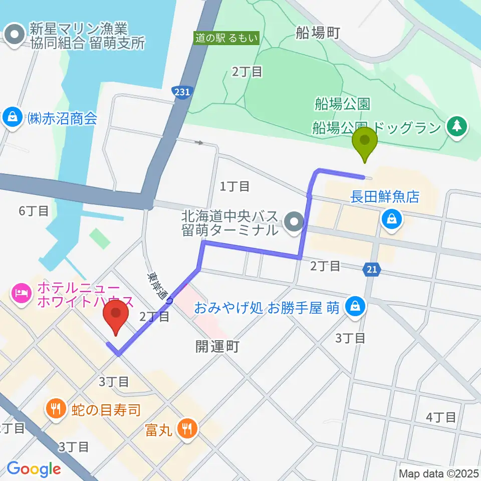 さしかわ楽器 留萌店の最寄駅留萌駅からの徒歩ルート（約9分）地図