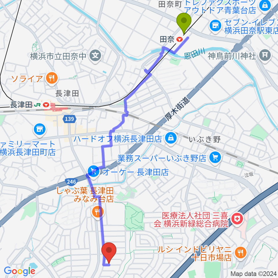 田奈駅からローズ楽器工房へのルートマップ地図