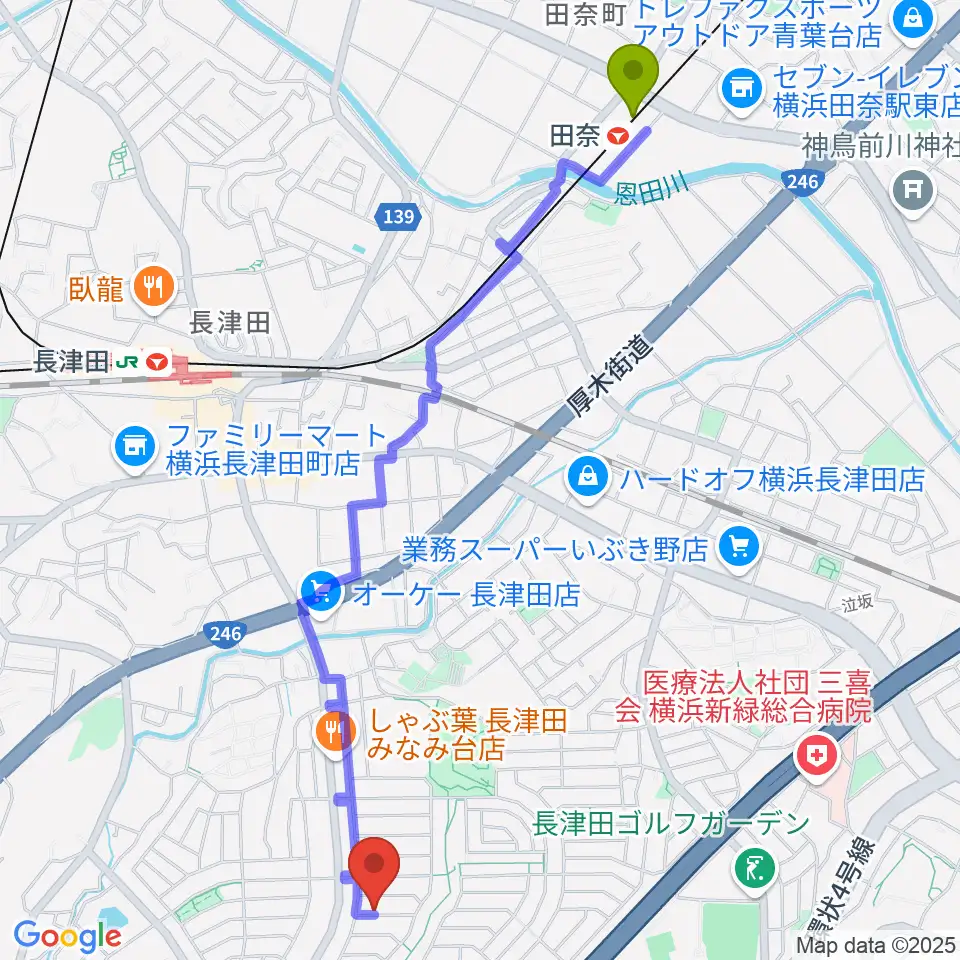田奈駅からローズ楽器工房へのルートマップ地図