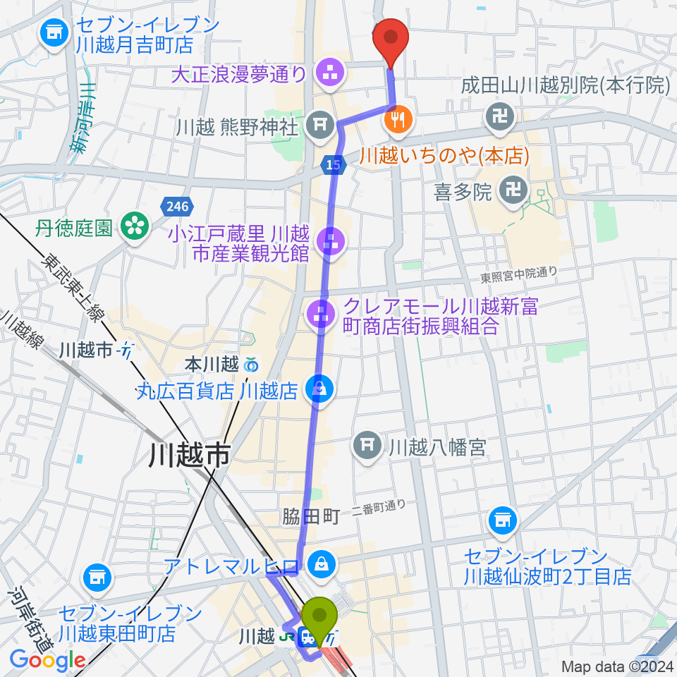 川越駅から川越ROTOMへのルートマップ地図