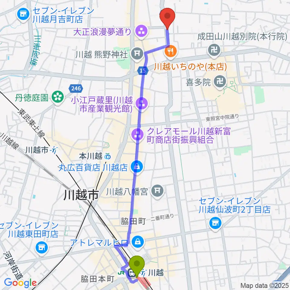 川越駅から川越ROTOMへのルートマップ地図