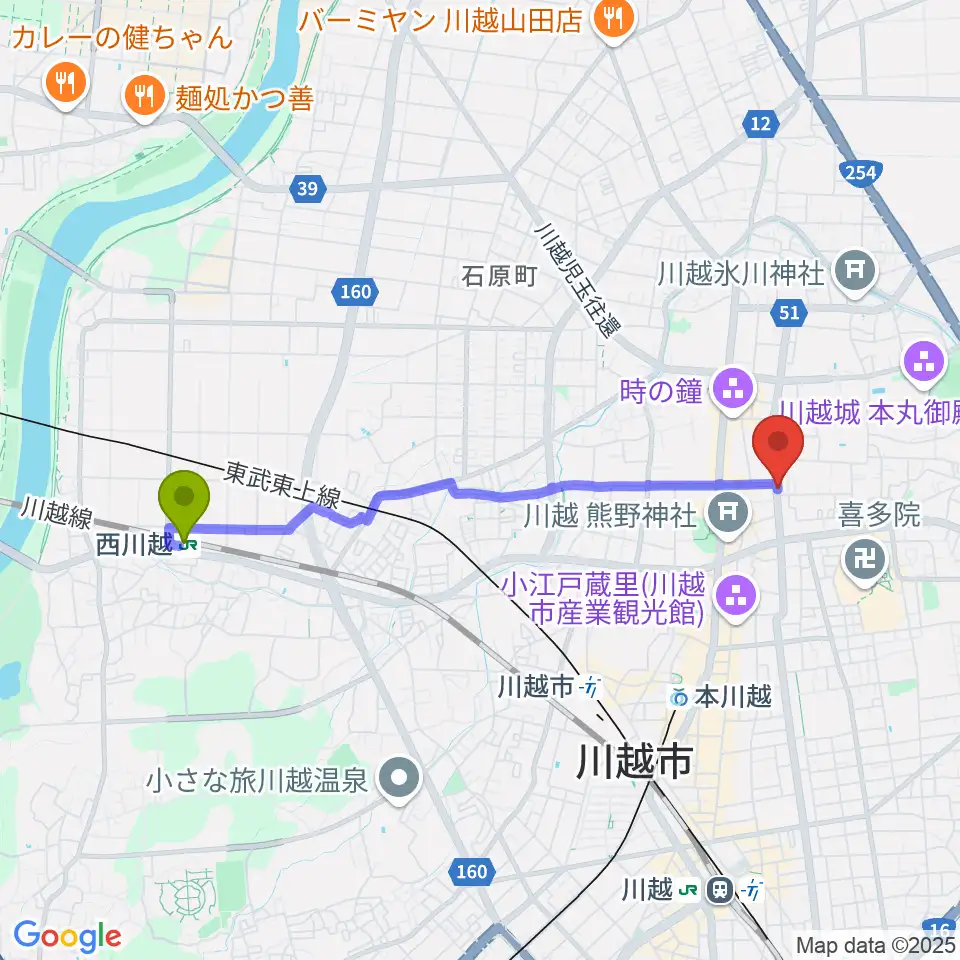 西川越駅から川越ROTOMへのルートマップ地図