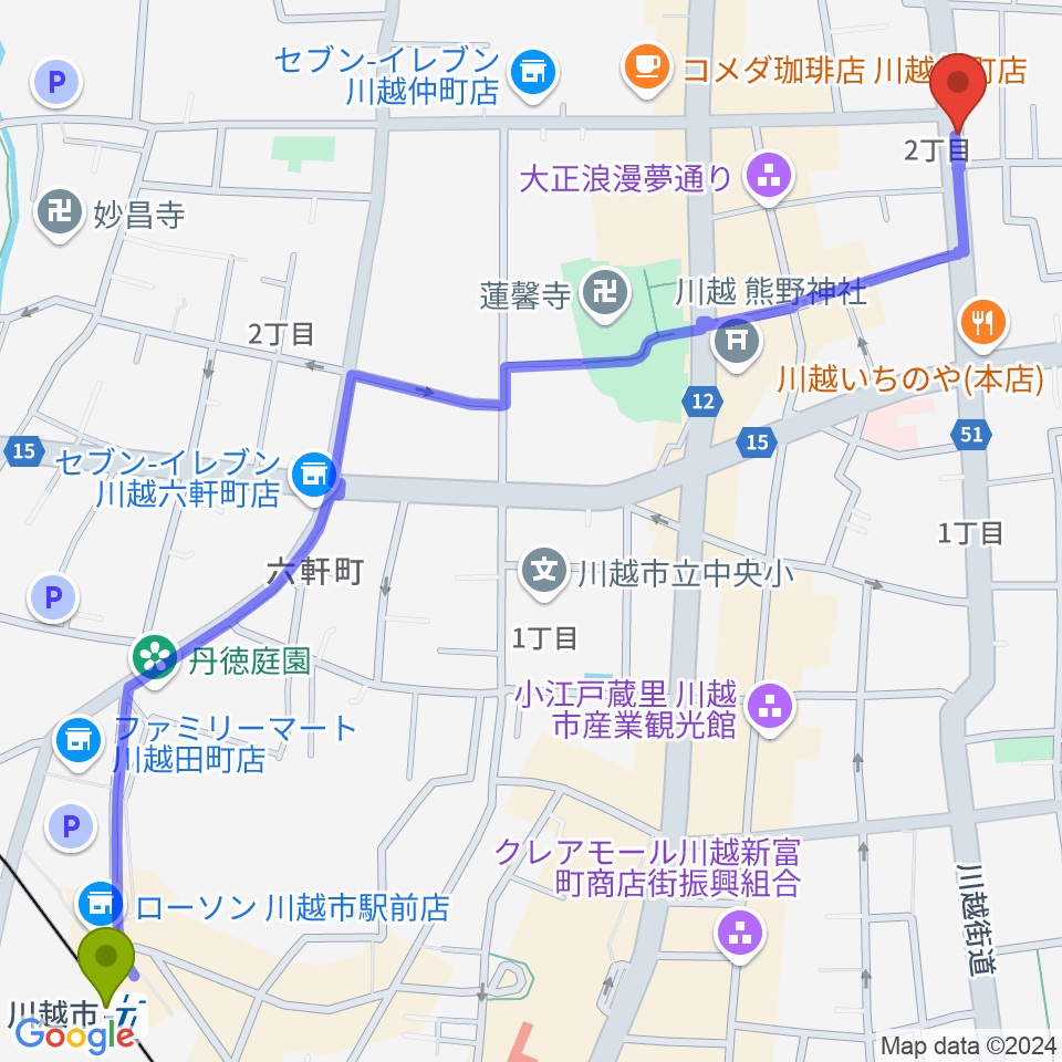 川越市駅から川越Rotomへのルートマップ地図