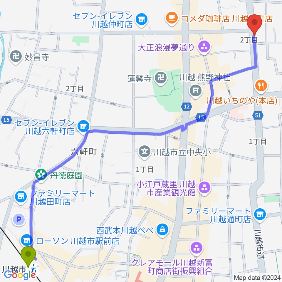 川越市駅から川越ROTOMへのルートマップ地図