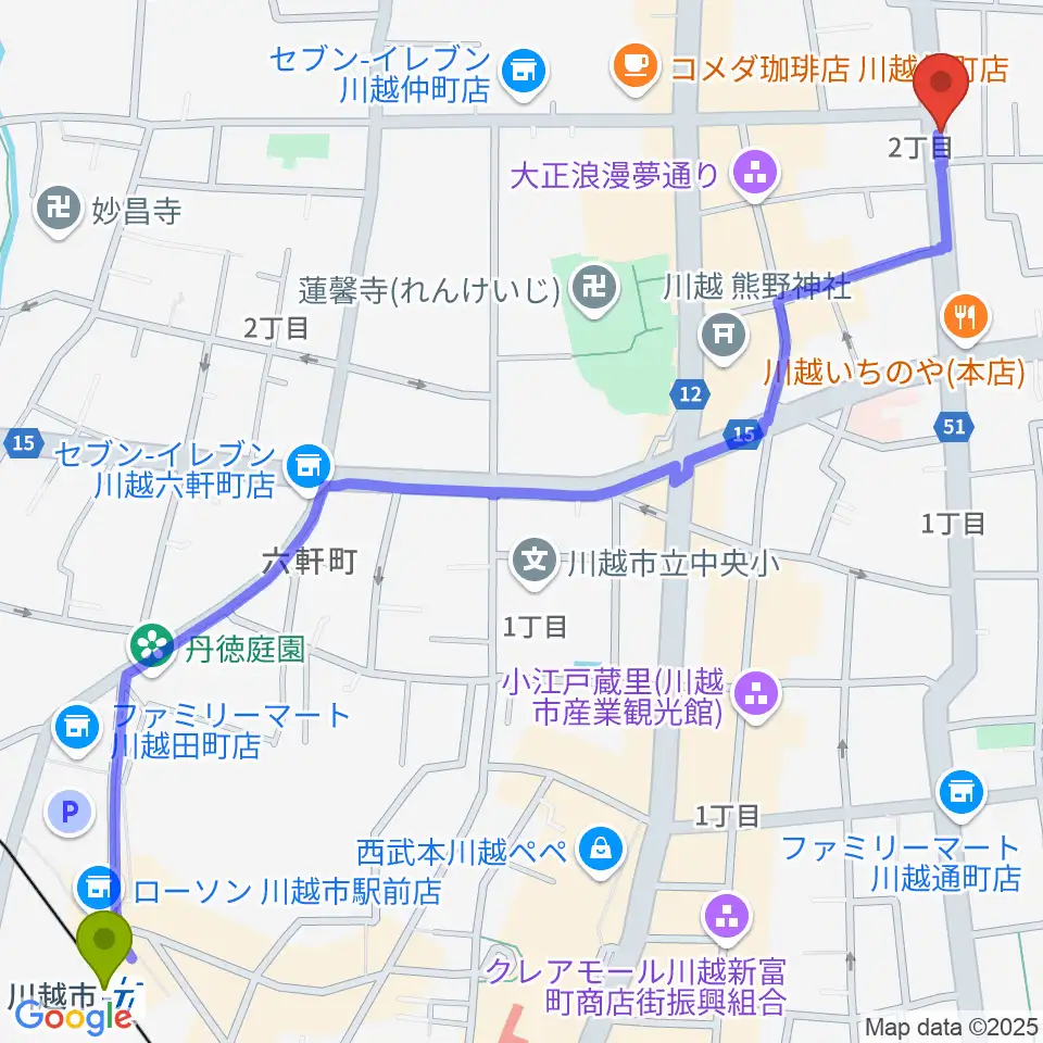 川越市駅から川越ROTOMへのルートマップ地図