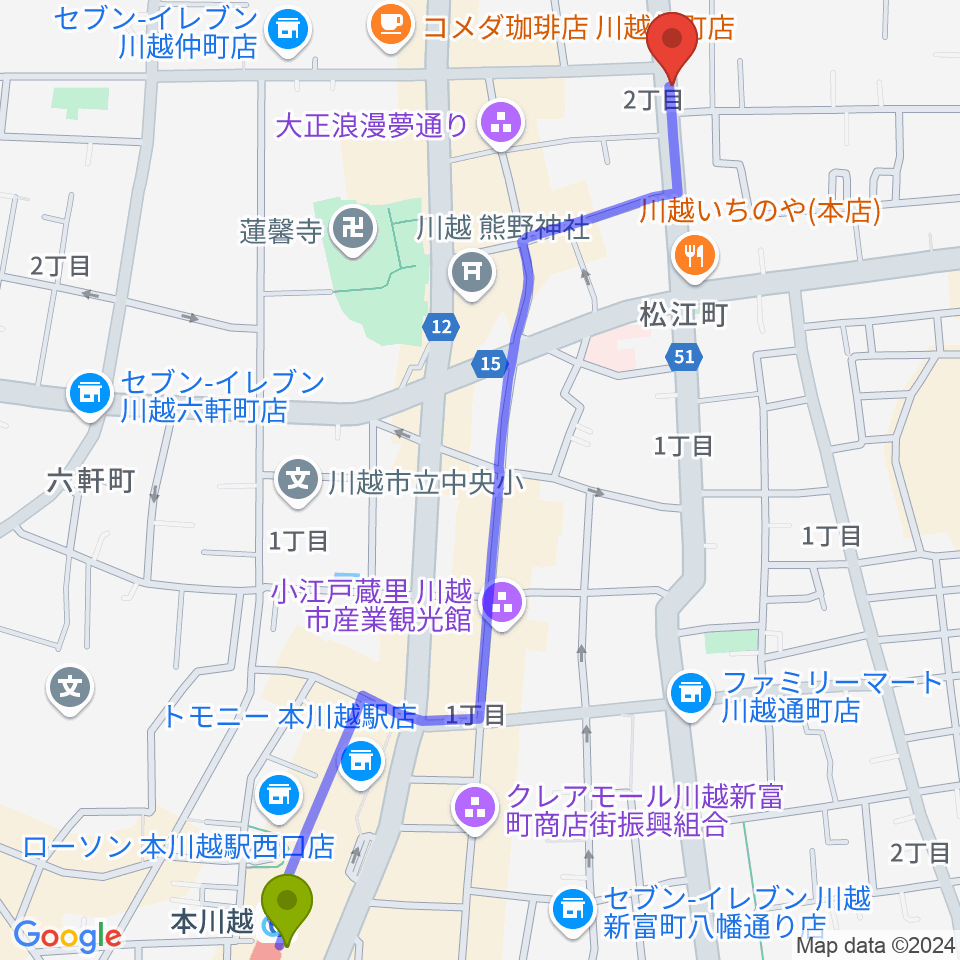 川越Rotomの最寄駅本川越駅からの徒歩ルート（約15分）地図