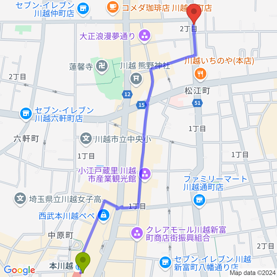 川越ROTOMの最寄駅本川越駅からの徒歩ルート（約15分）地図