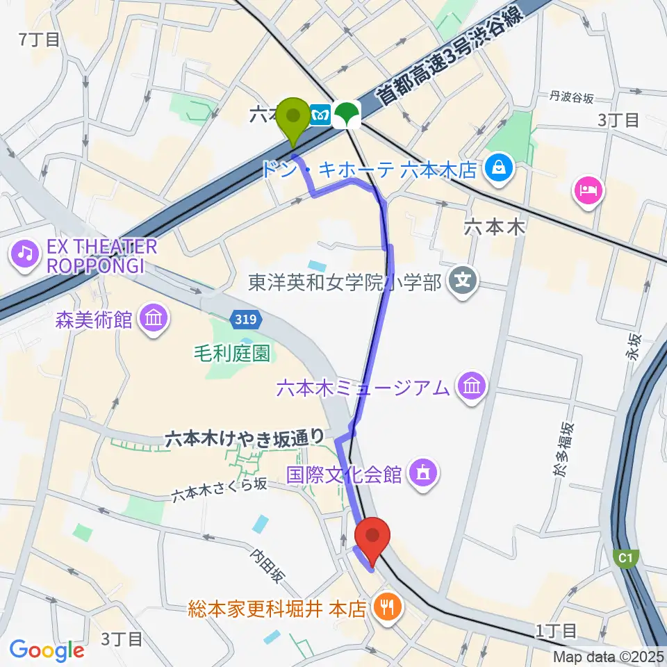 六本木駅からHeard Studioへのルートマップ地図