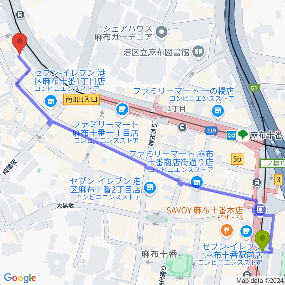 Heard Studioの最寄駅麻布十番駅からの徒歩ルート（約9分）地図