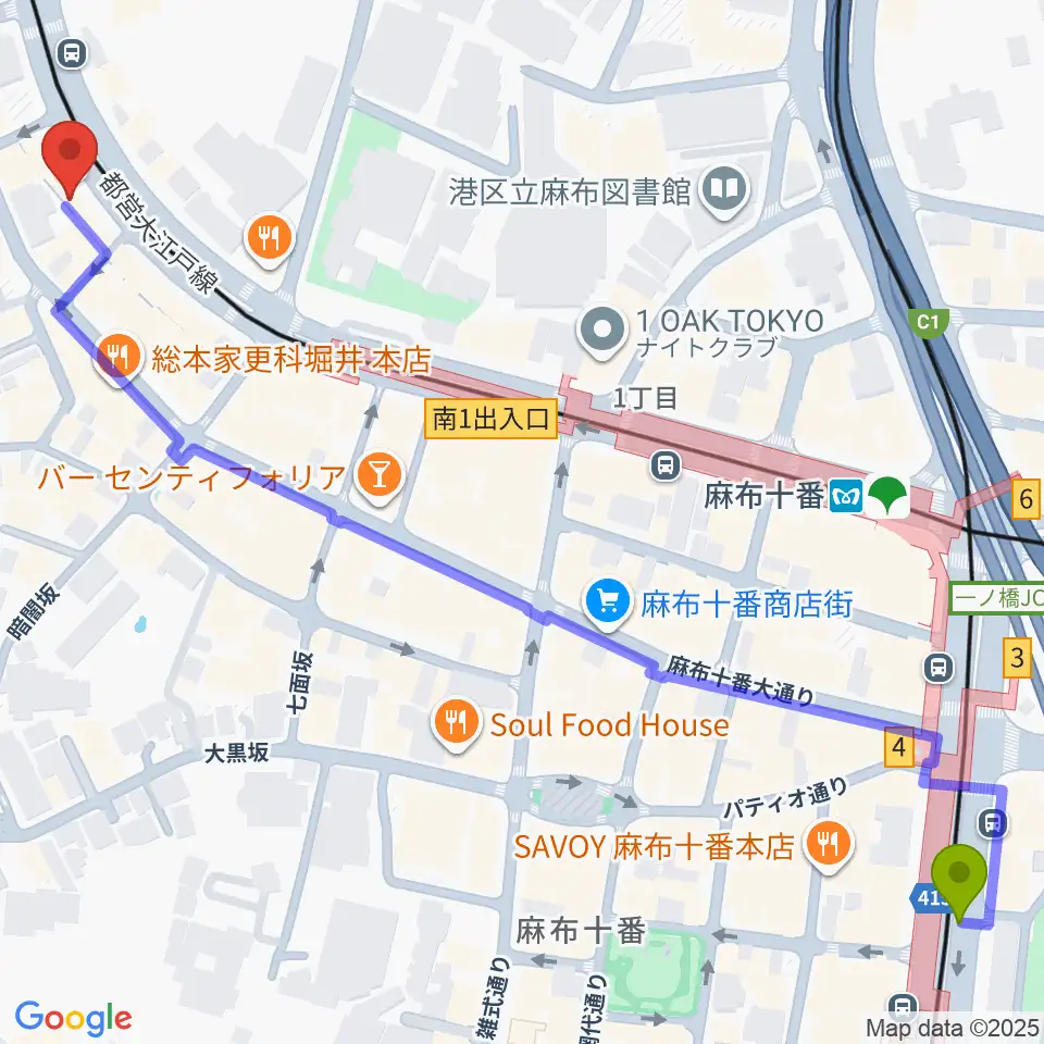 Heard Studioの最寄駅麻布十番駅からの徒歩ルート（約9分）地図