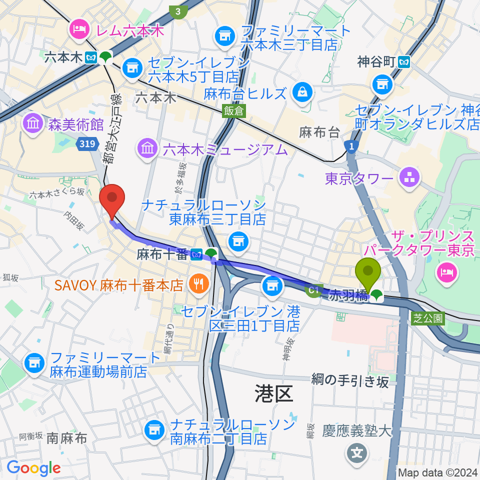 赤羽橋駅からHeard Studioへのルートマップ地図