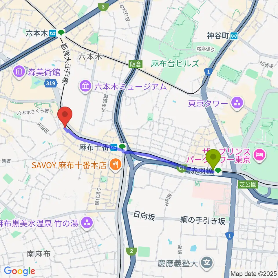 赤羽橋駅からHeard Studioへのルートマップ地図