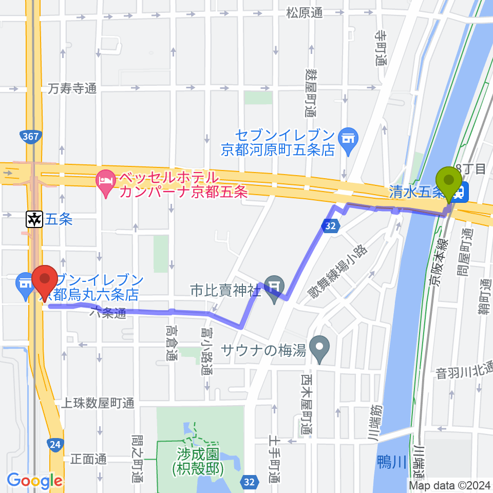 清水五条駅からベリーメリーミュージックスクール京都校へのルートマップ地図