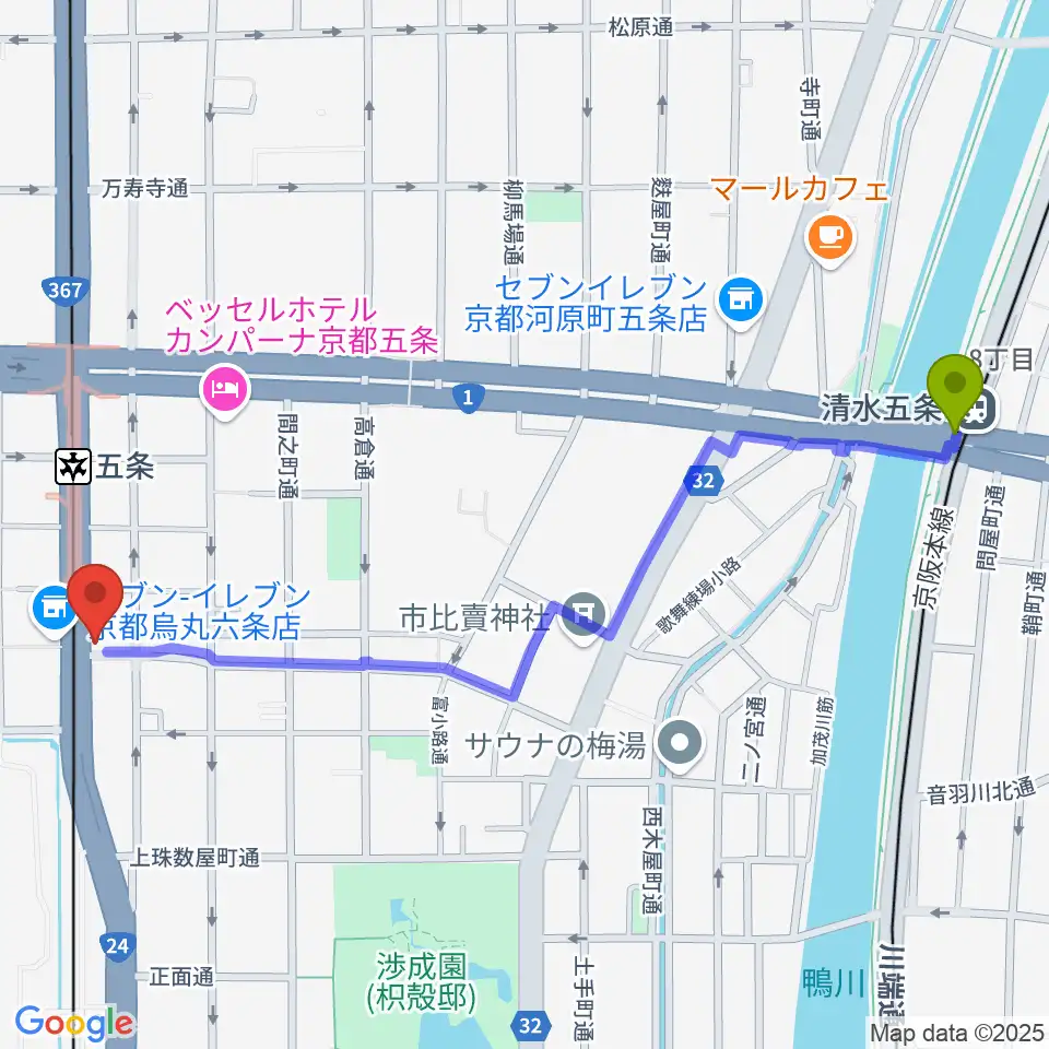清水五条駅からベリーメリーミュージックスクール京都校へのルートマップ地図