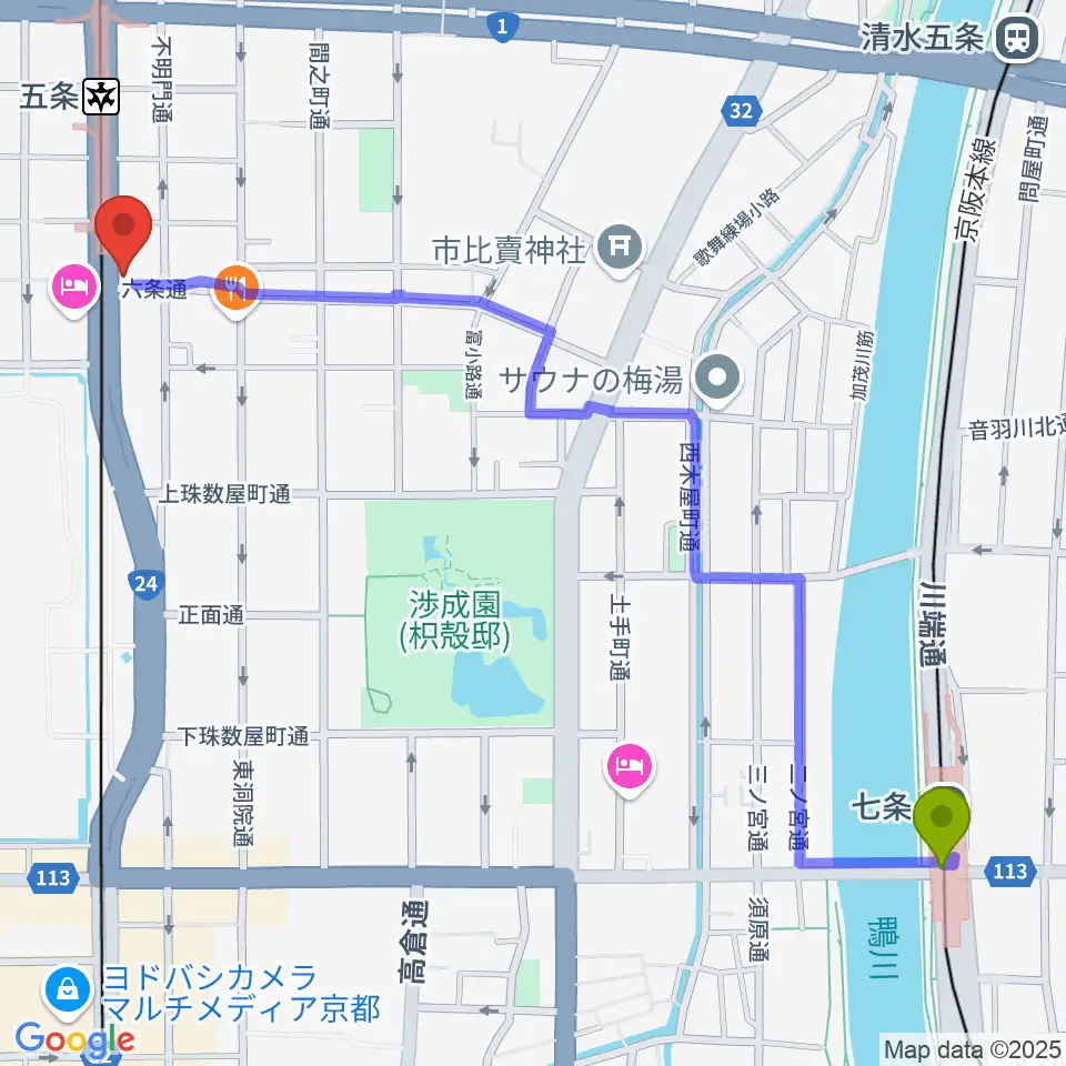 七条駅からベリーメリーミュージックスクール京都校へのルートマップ地図