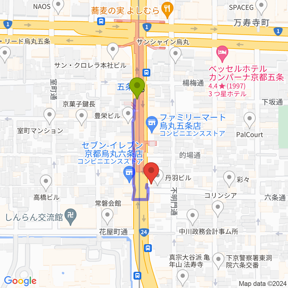 ベリーメリーミュージックスクール京都校の最寄駅五条駅からの徒歩ルート（約2分）地図