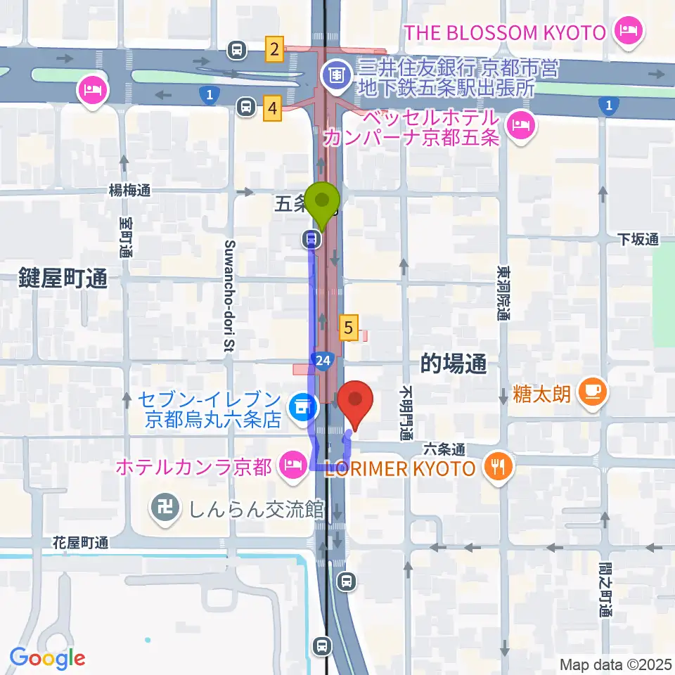 ベリーメリーミュージックスクール京都校の最寄駅五条駅からの徒歩ルート（約2分）地図