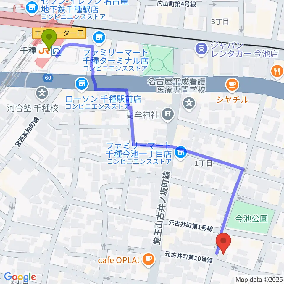 G-Life Musicの最寄駅千種駅からの徒歩ルート（約7分）地図