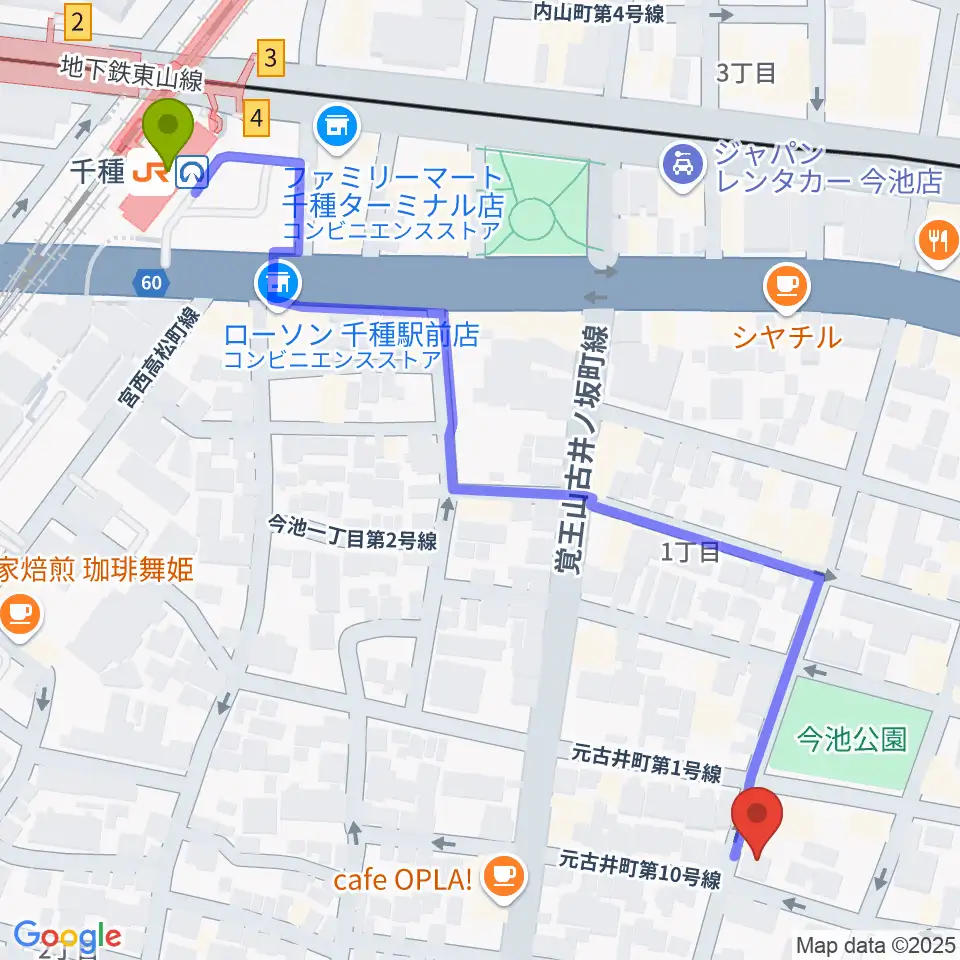 G-Life Musicの最寄駅千種駅からの徒歩ルート（約7分）地図
