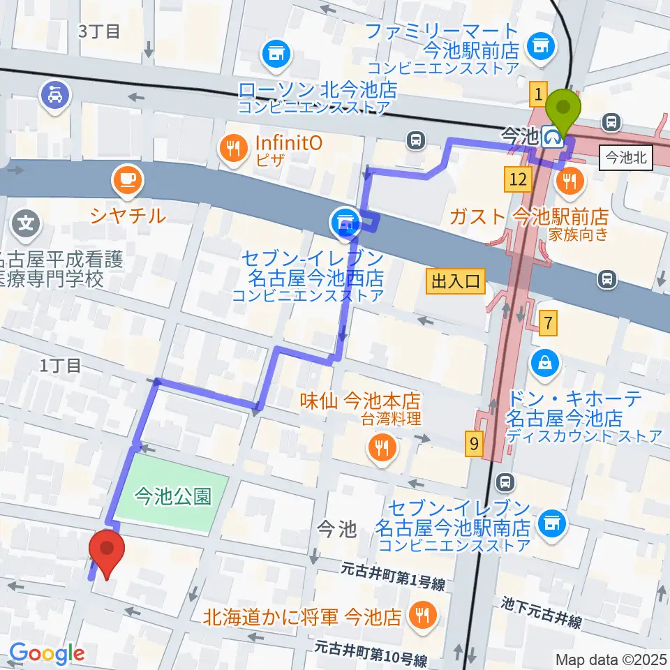 今池駅からG-Life Musicへのルートマップ地図