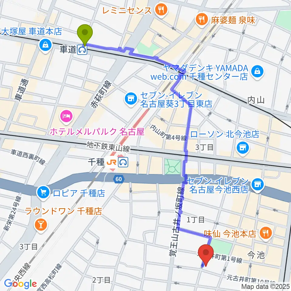 車道駅からG-Life Musicへのルートマップ地図