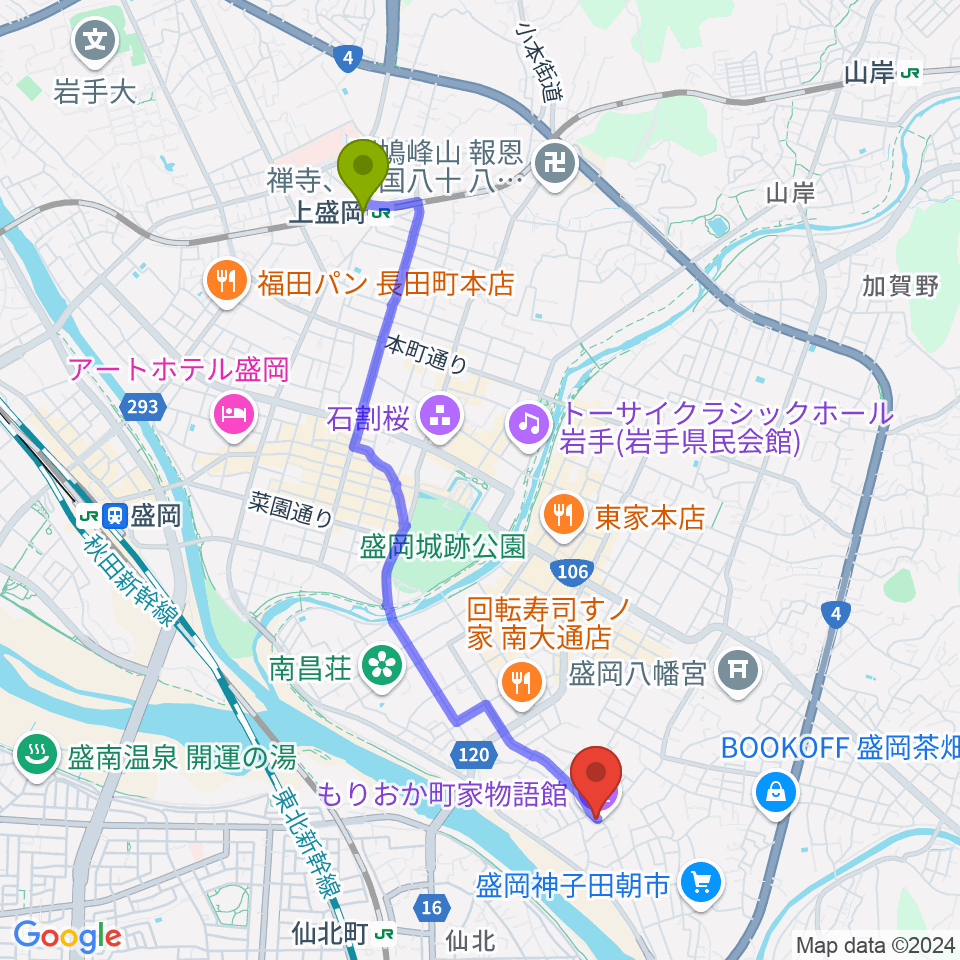 上盛岡駅からもりおか町家物語館 浜藤ホールへのルートマップ地図