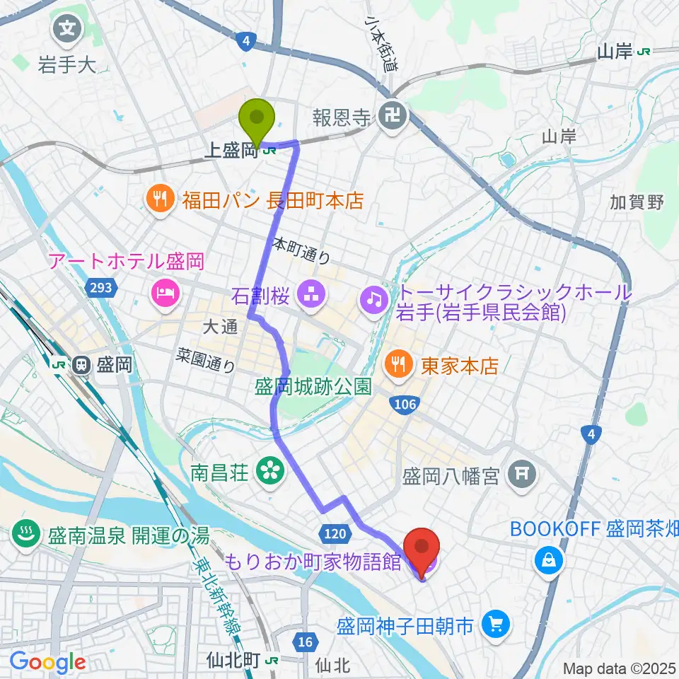 上盛岡駅からもりおか町家物語館 浜藤ホールへのルートマップ地図