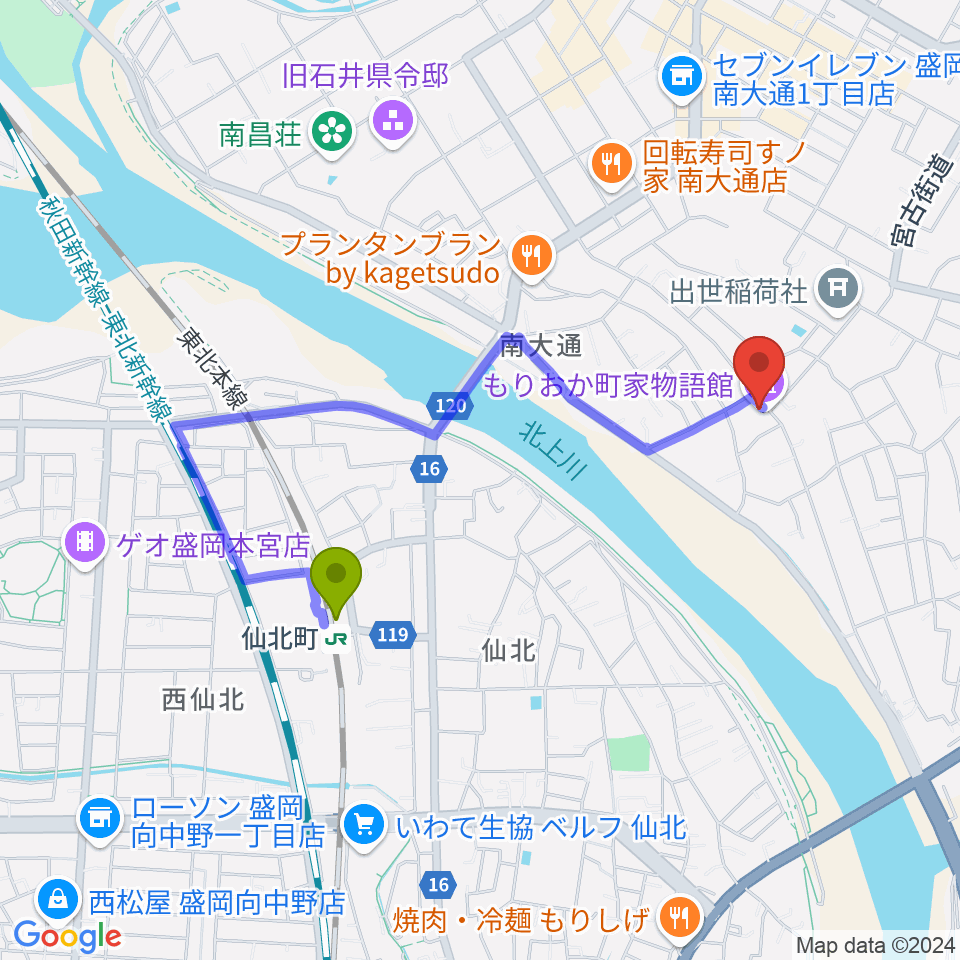 もりおか町家物語館 浜藤ホールの最寄駅仙北町駅からの徒歩ルート（約14分）地図