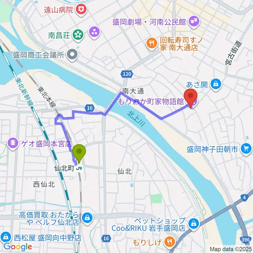 もりおか町家物語館 浜藤ホールの最寄駅仙北町駅からの徒歩ルート（約14分）地図