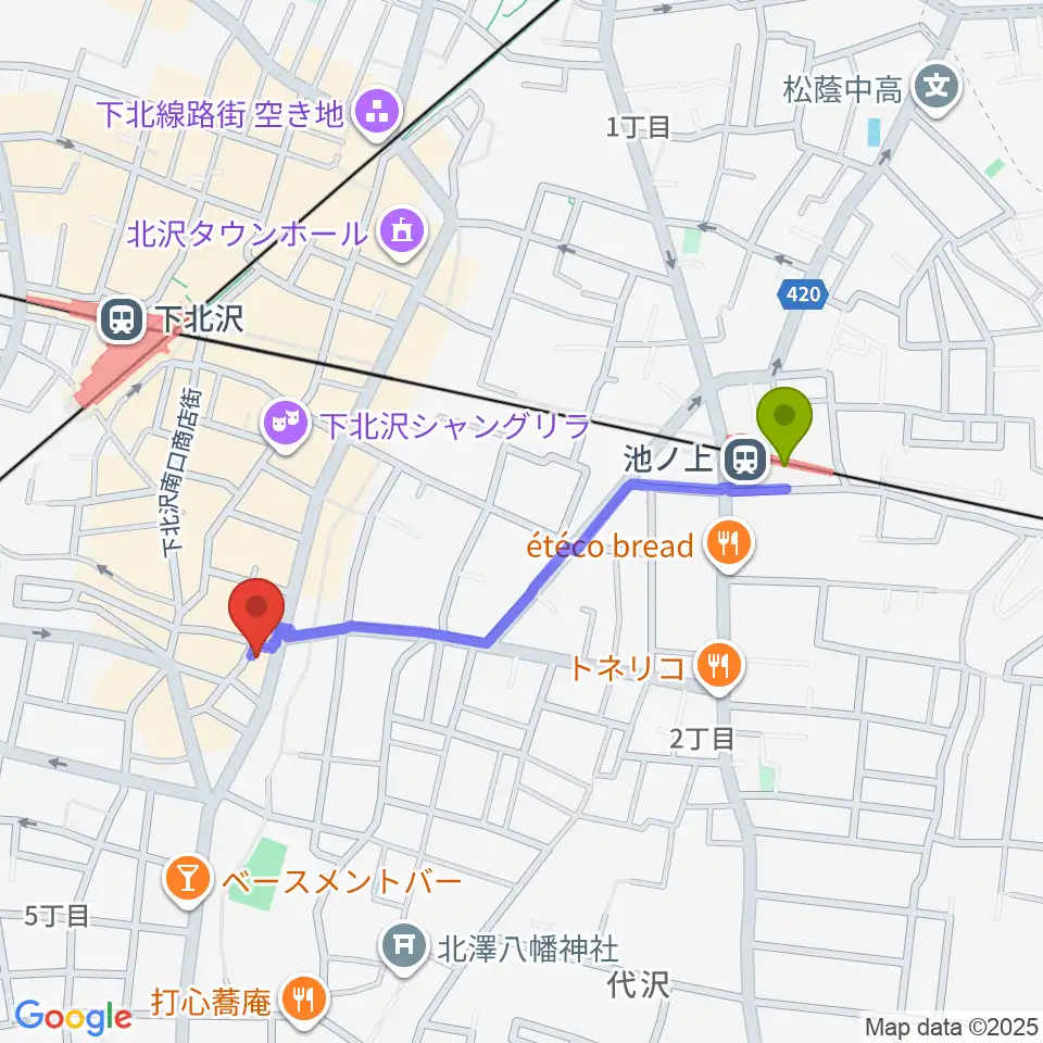 池ノ上駅から下北沢SEED SHIPへのルートマップ地図