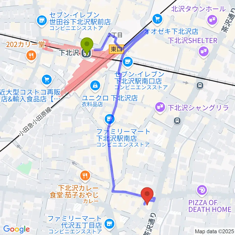 下北沢SEED SHIPの最寄駅下北沢駅からの徒歩ルート（約5分）地図