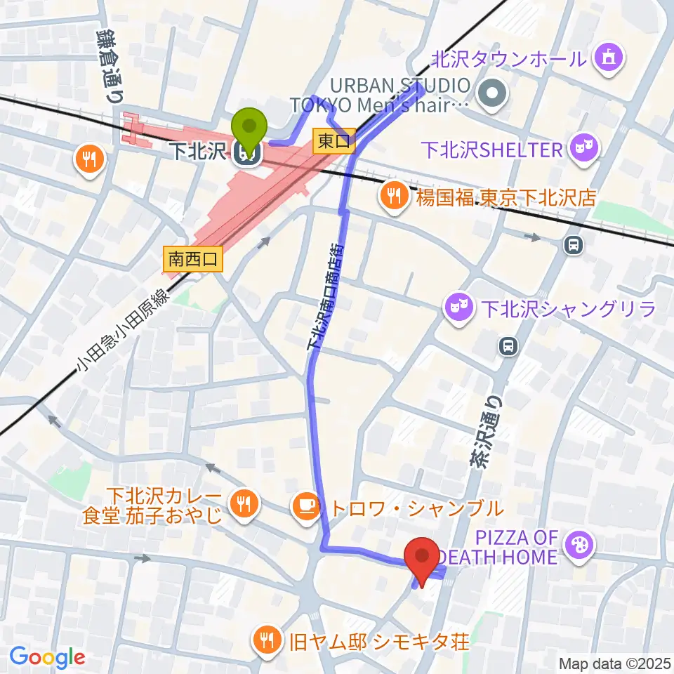 下北沢SEED SHIPの最寄駅下北沢駅からの徒歩ルート（約5分）地図