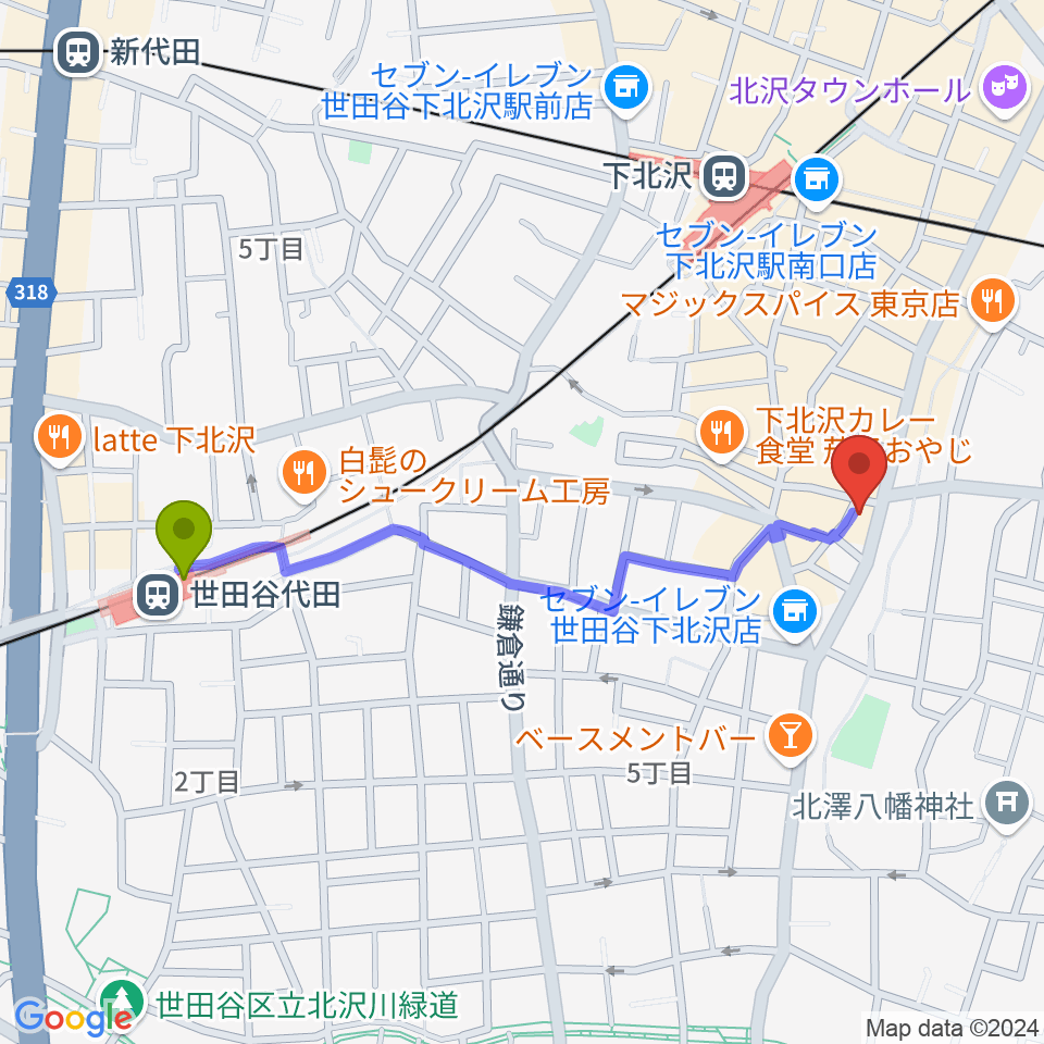 世田谷代田駅から下北沢SEED SHIPへのルートマップ地図