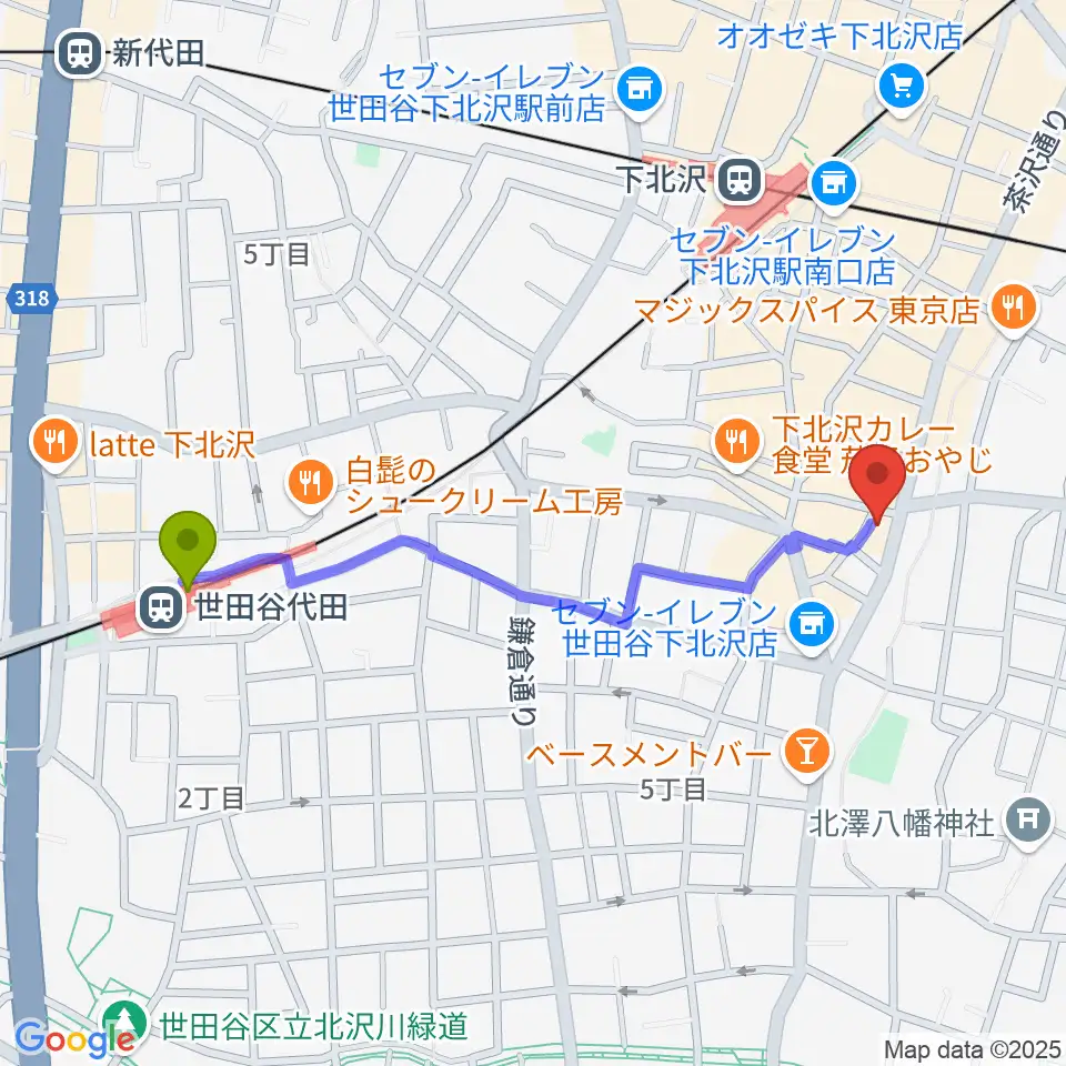 世田谷代田駅から下北沢SEED SHIPへのルートマップ地図
